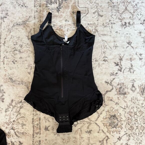 Shape FX Tops - ShaperX black corset style bodysuit with lace trim